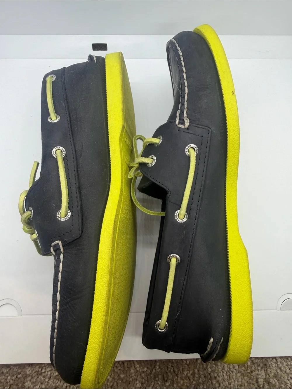 Sperry Men’s Black Boat Shoes with Neon Yellow Accents